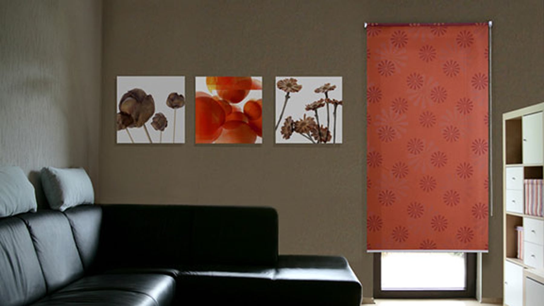 Wohnzimmer mit Rollo und Wandbildern